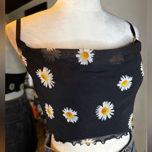 90’s lovely Day Mesh Crop Top Daisy Floral Pattern Vintage Retro Spaghetti Strap - Picture 2 of 6